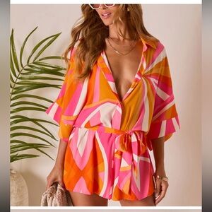 VICI Glow Hour Waist Tie Romper Orange, Pink, White Sz M